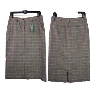 L.L. Bean Brown Gray Plaid Lined Vintage Midi Skirt 8 Petite NEW